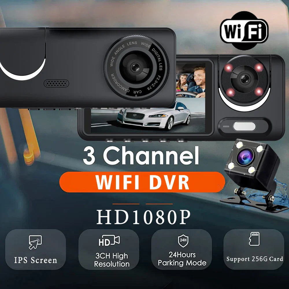 واي فاي 3 قناة عدسة سيارة DVR كاميرا سيارة ثنائية العدسة HD1080P الداخلية مركبة مسجل صغير فيديو مسجل داشكام كاميرا الفيديو صندوق أسود