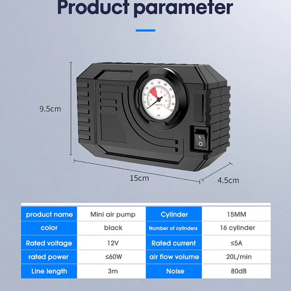 PECHAM Car Electric Air Pump Mini Tire Inflator 12V 100PSI 25L/Min Portable Air Compressor For Car Motorcycles Bicycle Inflatabl